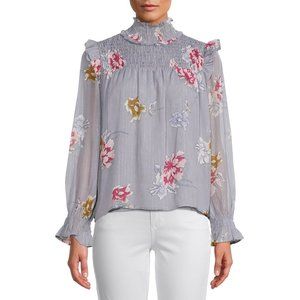 Floral Ruffled Poet Blouse High Neck Smocked Long Sleeves Sz XL NWT